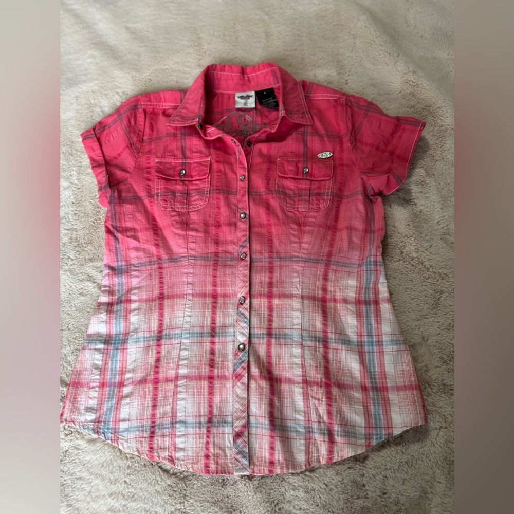 Harley-Davidson plaid ombré pearl snap shirt with embroidered back design. Small - Picture 7 of 11